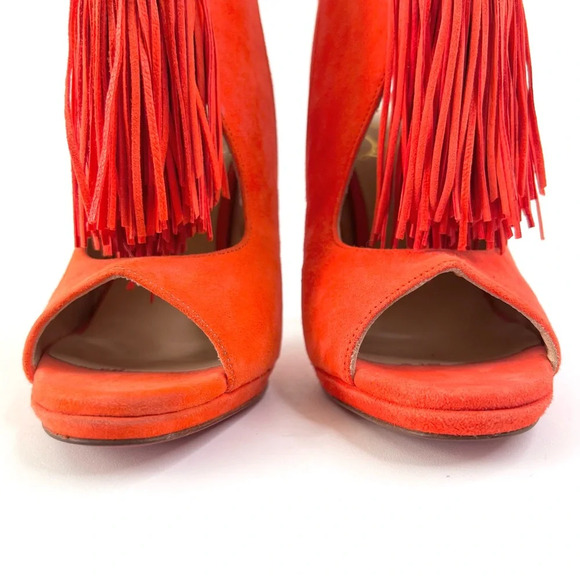 CHRISTIAN LOUBOUTIN || Fringe Peep Tassel Heels Otoka 120 Coral Suede US 7.5 - Picture 5 of 14